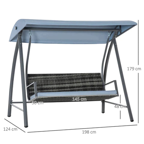 Rootz Hängematten-Gartenschaukel – 3-Sitzer mit Dach – Poly Rattan + Metall – Grau – 198 x 124 x 179 cm