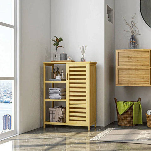 Rootz Bathroom Cabinet - 3 Shelves - Air Circulation - 1 Cabinet - Anti-tip Design - Slat Doors - Bamboo - Natural Wood - 66L x 33W x 87H cm