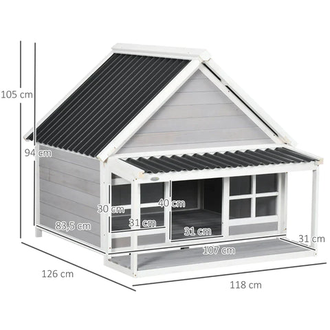 Rootz Hondenkennel met veranda - Hondenhuis - Weerbestendig - Behandeld dennenhout - 3 ramen - Dennenhout - Lichtgrijs + Wit - 126 cm x 118 cm x 105 cm