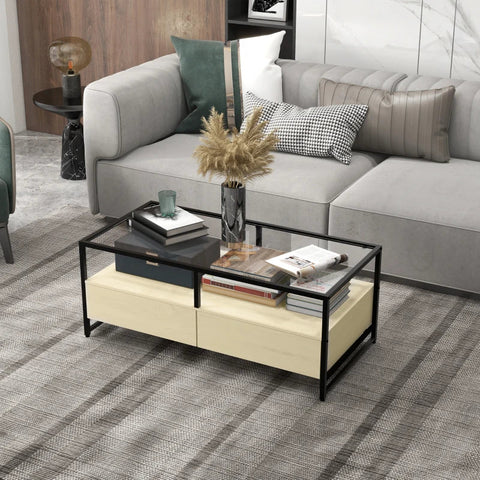 Rootz Coffee Table - Modern Design - 2 Drawers - 2 Shelves - Black Steel Legs - Side Table - Chipboard - Natural + Black - 118L x 58W x 47H cm