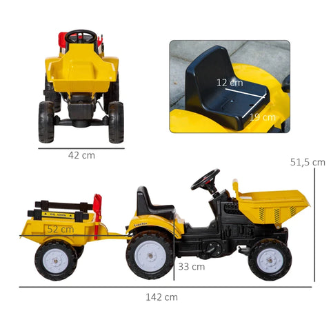 Rootz Kindergraafmachine - Kantelbare Graafschep - Koppelbare Aanhangwagen - 3-6 Jaar - Stalen Frame - Geel - 142 x 42 x 51,5 cm