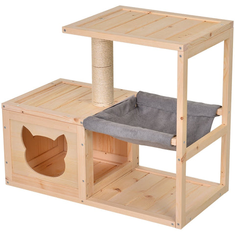 Rootz Kattenhuis - Kattenhuis met Hangmat - Kattengrot - Krabpaal - Kattenactiviteitencentrum - Dennenhout - Naturel - 70 x 35 x 60 cm