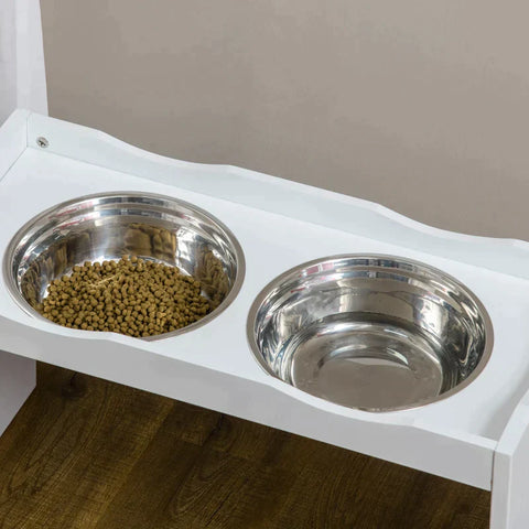 Rootz Feeding Station - Bowl Stand - Dog Feeding Station - 2 Feeding Bowls - For Large Dogs - Stainless Steel/MDF - White - 63 x 30 x 24cm