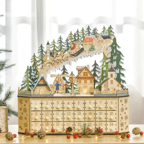 Rootz Christmas Advent Calendar - Christmas Calendar With LED Lights - With 24 Draw Compartments - Christmas Decoration - Natural Wood - 45 x 13 x 43 cm