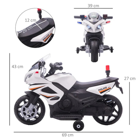 Rootz Children's Police Electric Motorcycle -  Police Motorcycle - Electric Car Stroller - Police Lights - Electric Quad - White/Black - 69 x 39 x 43 cm