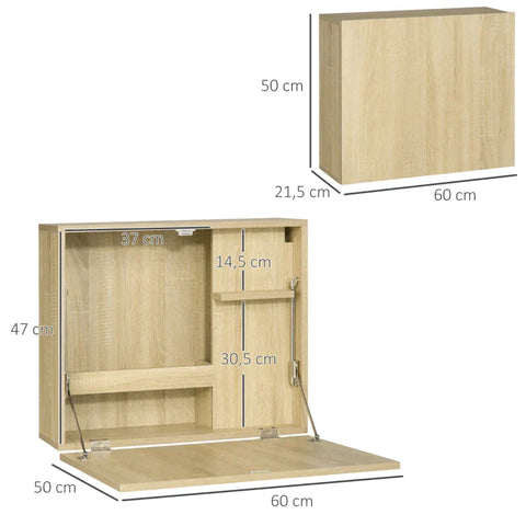 Rootz Wall Table - Wall-mounted Folding Table With Shelves - Chipboard - MDF - Natural - 60 cm x 21.5 cm x 50 cm