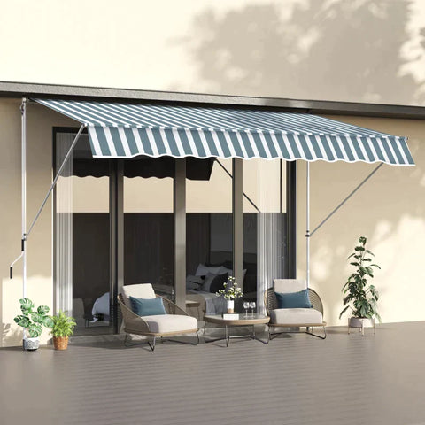 Rootz Clamp Awning - Awning - Folding Arm Awning - Height Adjustable - Weatherproof - Blue/White - 300 cm × 150 cm x 280 cm