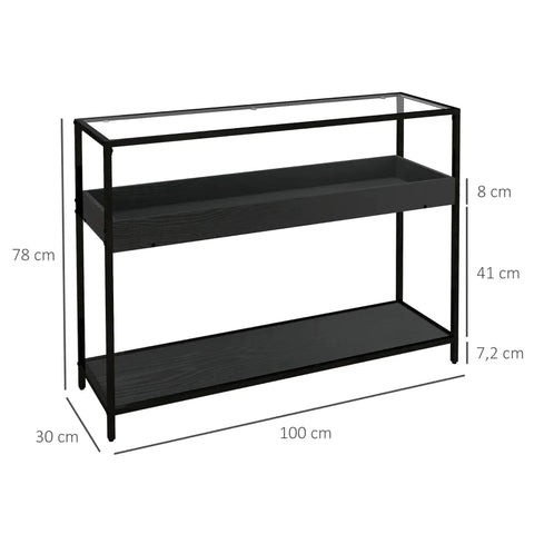 Rootz Console Table - 2 Shelves - Storage Space - Hallway Table - Hallway Console - Tempered Glass - Black - 100L x 30W x 78Hcm