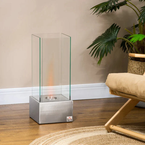 Rootz Ethanol Fireplace - Freestanding - Stainless Steel + Tempered Glass - Silver - 25 x 25 x 60cm