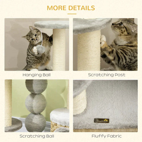 Rootz Scratching Post - Cat Climbing Tower - Cat Tree - Cat Cave - Cat Bed - With Hanging Ball - Light Grey - 60cm x 40cm x 115.5cm
