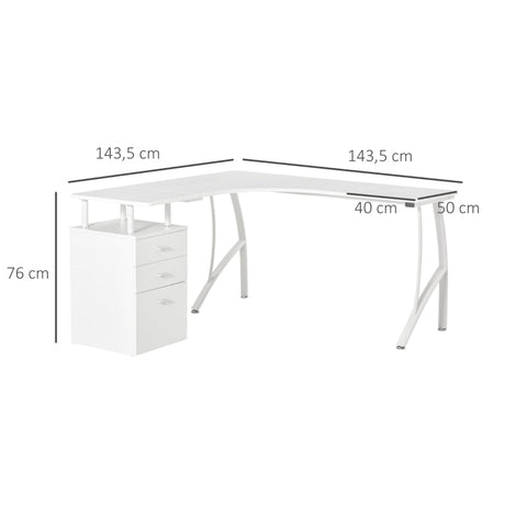 Rootz Desk - L-Shaped Desk - Computer Desk - Table L-Shaped - White - 143.5 x 143.5 x 76 cm