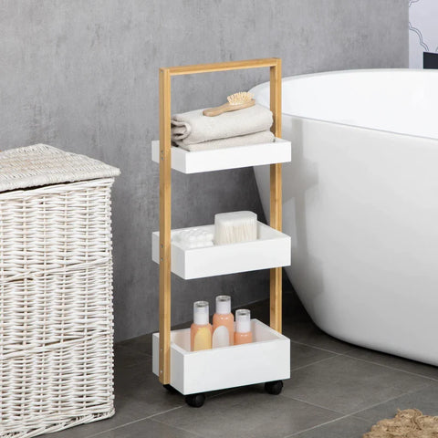 Rootz Rollable Shelf With 3 Storage Baskets - Bamboo Frame - 4 Wheels - Serving Trolley - MDF - White + Natural - 28 x 18 x 75 cm