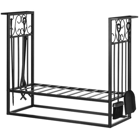 Rootz Firewood Stand With Fireplace Cutlery - Firewood Rack - Fireplace Tool - Steel - Black - 75 x 30 x 60 cm