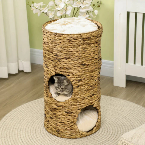 Rootz Cat Cave - 3 Tier 3 Entrance - Boho Design with Cushion - Light Brown + Cream White - 40cm x 40cm x 73cm
