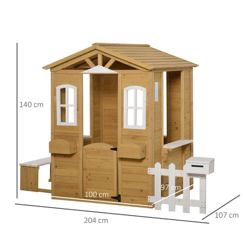 Rootz Children's Playhouse - Wooden Outdoor Playhouse - Garden Playhouse With Flower Pot Rack - Fence Bench - Fir Wood - Nature/white - 204 x 107 x 140 cm