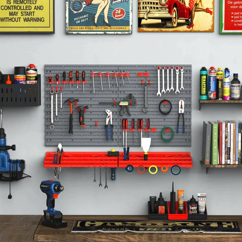Rootz Pegboard - geperforeerde gereedschapsset - wandplank - 54 stuks gereedschap - wandhouder gereedschap - grijs/rood 95,5 x 23 x 53,5 cm