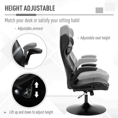 Rootz Gaming Chair - Office Chair - Faux Leather - Adjustable Head Pillow - Grey/Black - 67 cm x 75 cm x 112 cm