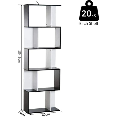 Rootz Bookshelf - 5-tier Bookshelf - S-shaped Bookcase - Shelving Unit - Black