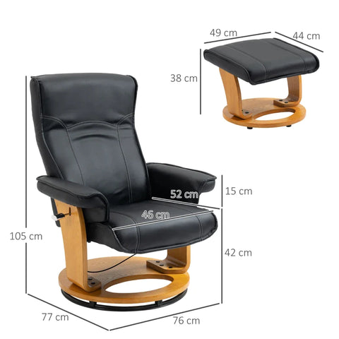 Rootz Relax Chair with Footstool - TV Chair - Recliner Chair - Adjustable Backrest - 360° Rotatable - Black + Brown - 76L x 77W x 105H cm