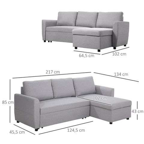 Rootz Sofa Bed - Corner Sofa - Fabric Sofa - With Sleeping Function - Corner Couch Set - With Chaise Longue - L-Shape Sofa - Gray - 217 x 134 x 85 cm