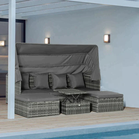 Rootz Poly Rattan Lounge Set - Lounge Group With Sunroof - Folding Roof - Seating Group Sun Island - Side Table - Garden Furniture - Outdoor - Grey