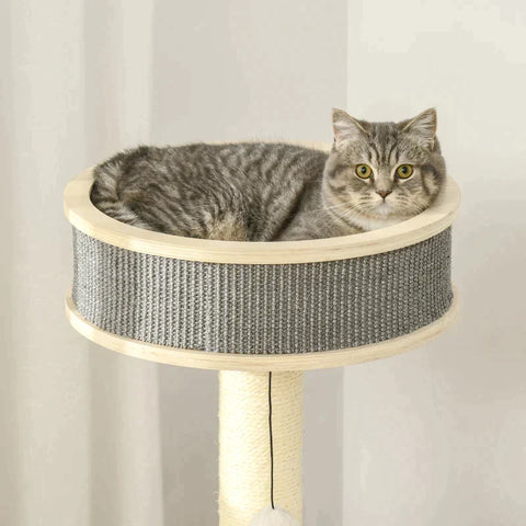 Rootz Scratching Post - Cat Tree - Climbing Tree - With Cat Cave - Sisal Posts - Play Balls - Multi-layer Board/Sisal/Plush - Natural/Cream/White - 59.5 x 45 x 91 cm