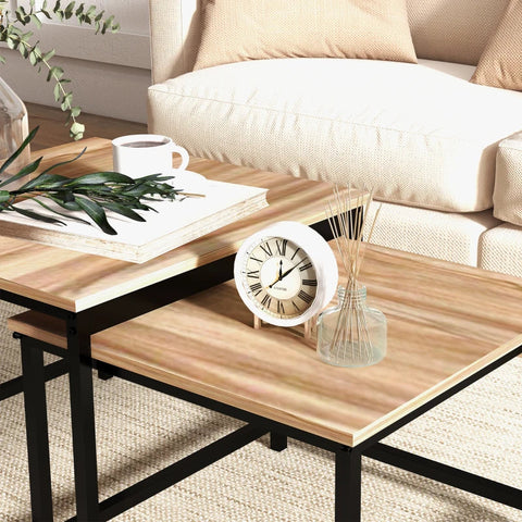 Rootz Nesting Table - Set Of 2 Side Tables - Industrial Design - Black Steel Frame - Table Top In Wood Look - Chipboard - Natural Wood - 60cm x 60cm x 45cm