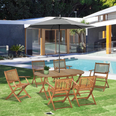 Rootz Dining Set - 7 Piece Wooden Garden Dining Set - With Umbrella Hole - Folding Dining Table And Armchairs - With Parasol Hole - 6 Seater Outdoor Patio Furniture - Poplar - Natural