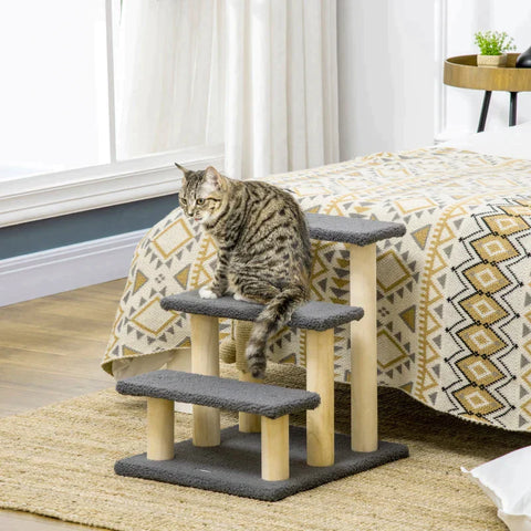 Rootz Scratching Post - Cat Tree - 3-layer Kitty Ladder - Cat Climbing Toy - Cat Tower - With Ball Toy - Grey - 45 x 40 x 48cm