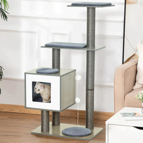 Rootz Cat Scratching Post - Cat Tree - Cat Toy - Climbing Tree - Sisal Cushion - Lying Surface With Ball - Grey - 71.5 x 49.5 x 120 cm