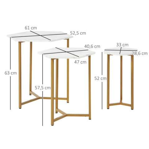 Rootz Set of 3 Side Tables - Art Deco - Marble Effect - Stackable Bedside Table - Coffee Table - White + Gold - 61L x 52.5W x 63H cm