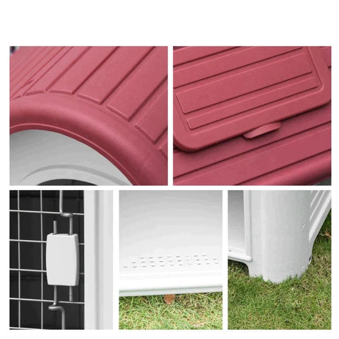 Rootz hondenhok - hondenhok voor buiten met dak - luik - schuilplaats voor kleine honden - hok met luchtcirculatie - waterdicht - rood/lichtgrijs - 59 x 75 x 66 cm