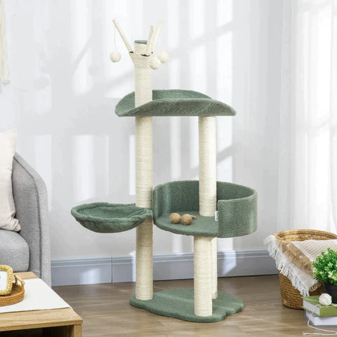 Rootz Scratching Post - Two Platforms - Lounger Basket - Toy Ball - Sisal - Green + Cream White - 44 x 43 x 123 cm