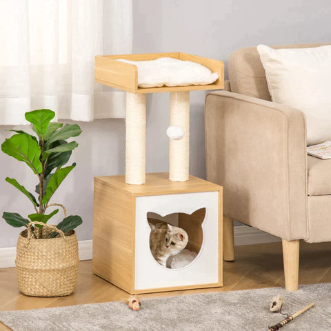 Rootz Cat Nest - Scratching Post - Cat Cave - 2 Soft Cushions Cat Tree With Bed - Cat Scratching Post - Nature - 35 x 35 x 81 cm