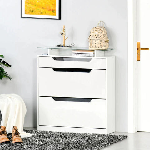 Rootz Shoe Cabinet - Three-drawer Shoe Cabinet - Shoe Rack - Tipping Bucket With Flap Door - Glass Top & Adjustable Shelf - White - 89 x 23 x 96 cm