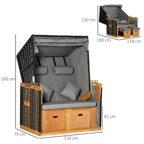 Rootz Beach Chair - 2 People With Reclining Backrest - Decorative Cushions - Back Cushions - Footrest Cushions - Wood - PE Rattan - Polyester - Foam - Light Grey - 118 x 79 x 160cm