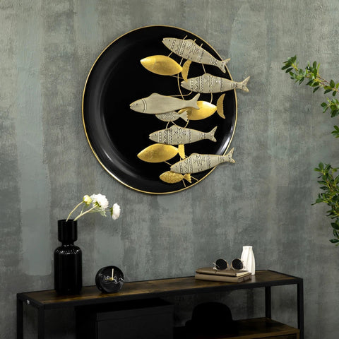 Rootz Metal Wall Decor - Wanddecoratie met Vis - 3D Effect - Zwart + Goud + Zilver - 78cm x 4.5cm x 75 cm