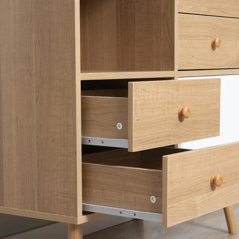 Rootz Sideboard - Free-standing Cabinet - Scandi Style Wardrobe - 4 Drawers And 2 Shelves - Kitchen - Bedroom - Living Room - Entryway - Natural + White - 80cm x 39cm x 80cm