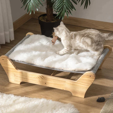Rootz Cat Bed - Cat Bed With Frame - Hammock For Cats - Elevated Cat Nest With Soft Pillow - Natural - Pine Wood - 68 x 43 x 20 cm