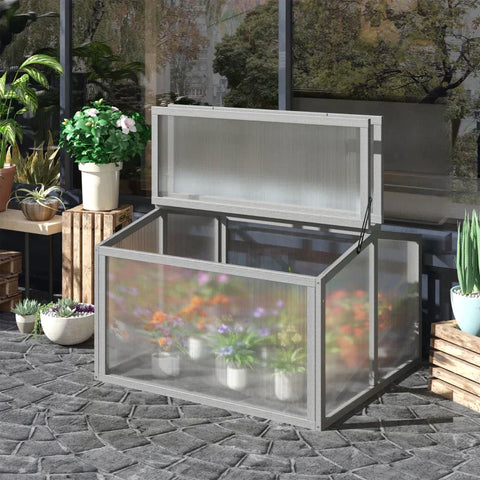 Rootz Greenhouse - Cold Frame Greenhouse - Cold Frame Box - Plantbed Met Deksel - Gemaakt Van Hout En Polycarbonaat - Weerbestendig - Lichtgrijs - 90 x 80 x 58 cm