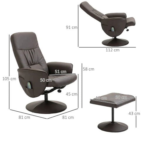 Rootz Relaxstoel Met Voetenbank - Ligfunctie - Massagestoel - Tv Stoel Met Massagefunctie - Ligstoel - Ergonomische Stoel Met 10 Trilpunten - Imitatieleer - Bruin - 76 x 81 x 105 cm