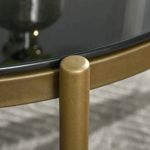 Rootz Couchtisch – runder Couchtisch mit Platte aus gehärtetem Glas – goldene Metallbeine – Akzent-Cocktailtisch für Wohnzimmer