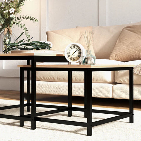 Rootz Nesting Table - Set Of 2 Side Tables - Industrial Design - Black Steel Frame - Table Top In Wood Look - Chipboard - Natural Wood - 60cm x 60cm x 45cm