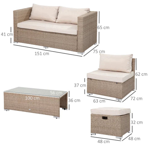 Rootz Sofa Set - Rattan Seating Set - Garden Furniture Set - Coffee Table - Metal - Khaki/Beige