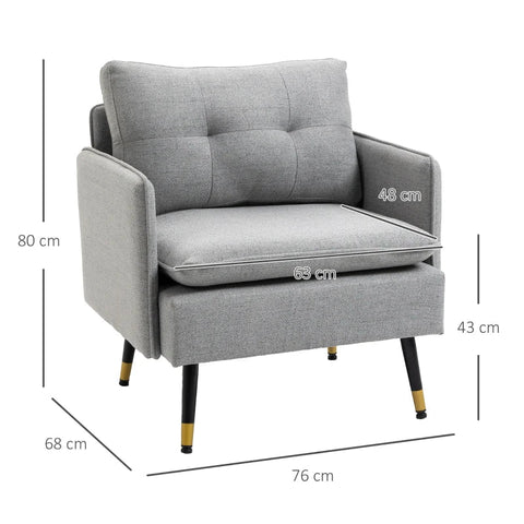 Rootz Accent Chair - Upholstered Chair - Bedroom - Linen Look Upper - Removable Cushions - Living Room - Button Stitch - Black + Gold + Gray - 76L x 68W x 80H cm