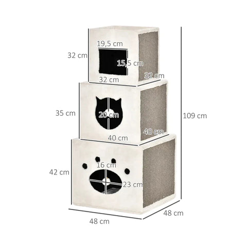 Rootz Krabton Voor Katten - Kattenkrabpaal - 3 Niveaus Krabpaal - Klimboom Voor Katten - Kattenmeubels - Sisal Pluche - Crème Wit - 48 x 48 x 109 cm