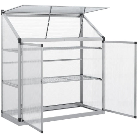 Rootz Greenhouse with Foundation Frame - Polycarbonate Housing - 2 Shelves - Aluminum Frame - Silver - 131 x 58 x 139.5 cm