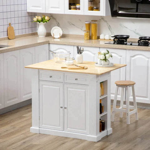 Rootz Kitchen Island - Kitchen Cabinet - 2 Cabinets - 2 Drawers - 6 Spice Racks - MDF/Rubber Wood - Natural/White - 108cm x 78.4cm x 84cm