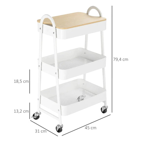 Rootz Kitchen Trolley - Trolley - 3 Shelves Trolley - With 3 Basket Shelves - Steel/PP Plastic - White - 45 x 31 x 79.4 cm