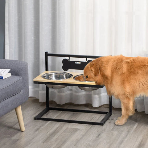 Rootz Raised Dog Bowl - Double Bowl Feeder with Steel Bowls - Pet Bowl - Height Adjustable - Pinewood - Black - 58 x 32 x 50 cm